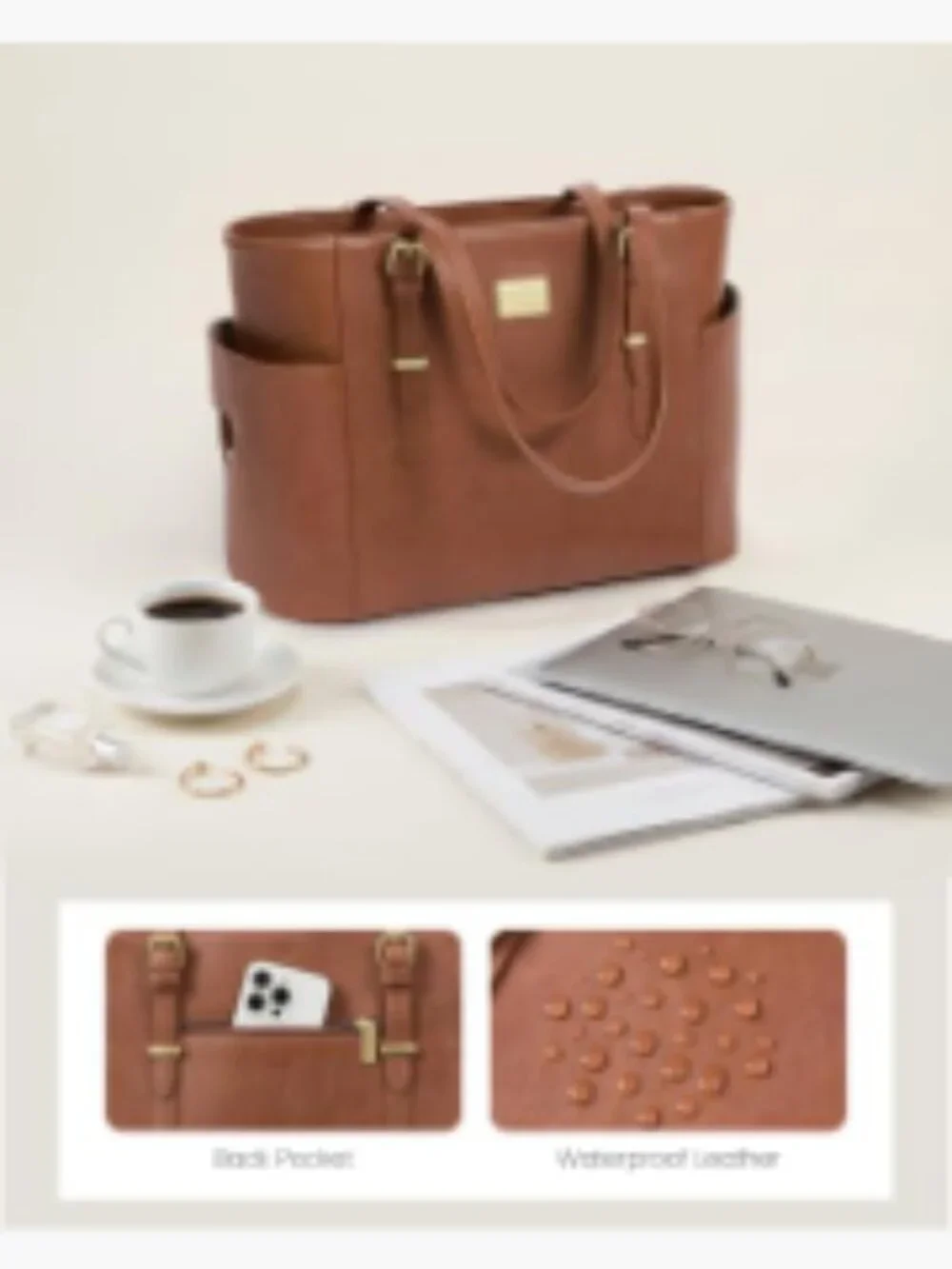 Vintage Leather Laptop Tote Bag for Women 15.6 Inch Work Bag with Water Bottle